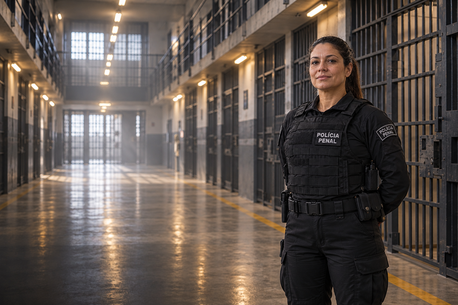 Imagem ilustrativa gerada por IA Ilustração gerada por IA: mulher Policial Penal em corredor de unidade prisional